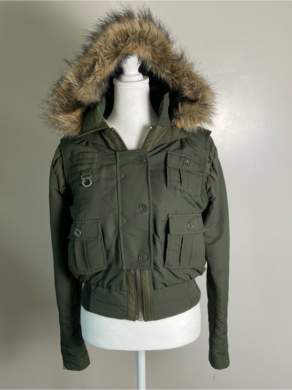 Mossimo Supply Co. Olive Green Hooded Utility Jacket with Faux Fur